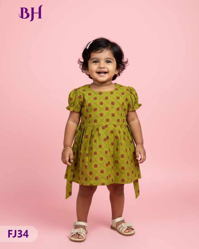 Green Cotton Printed Baby Frocks – Latest Kids Wear Collection | Bhavana Handlooms