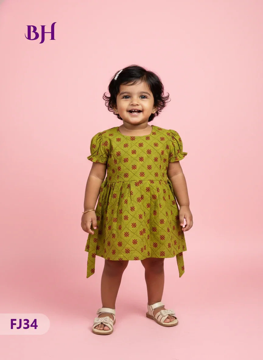 Green Cotton Printed Baby Frocks – Latest Kids Wear Collection | Bhavana Handlooms