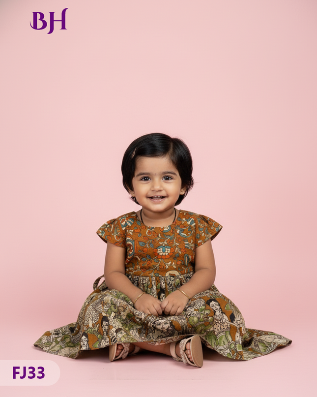 Brown Cotton Printed Baby Frocks – Latest Kids Wear Collection | Bhavana Handlooms