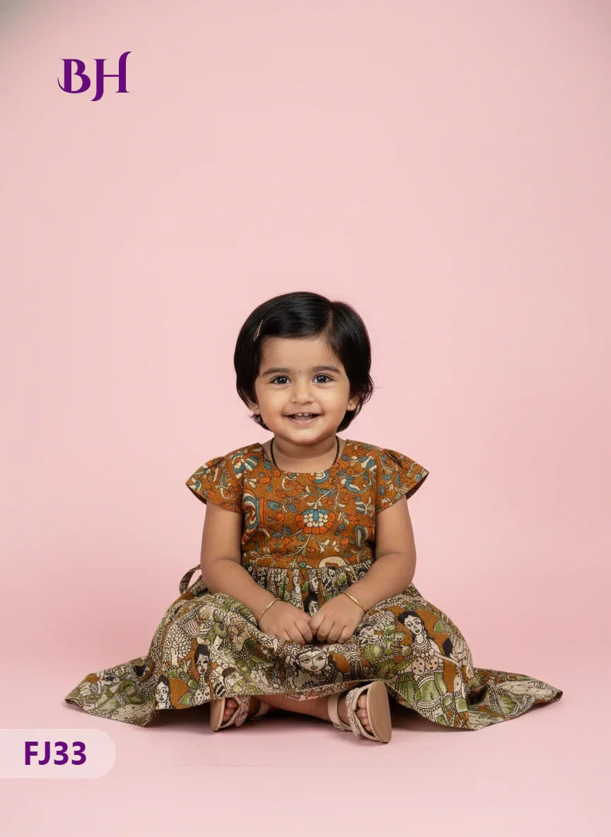 Brown Cotton Printed Baby Frocks – Latest Kids Wear Collection | Bhavana Handlooms