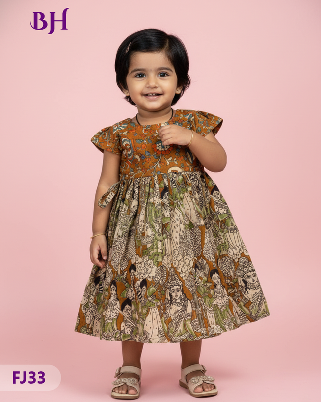 Brown Cotton Printed Baby Frocks – Latest Kids Wear Collection | Bhavana Handlooms