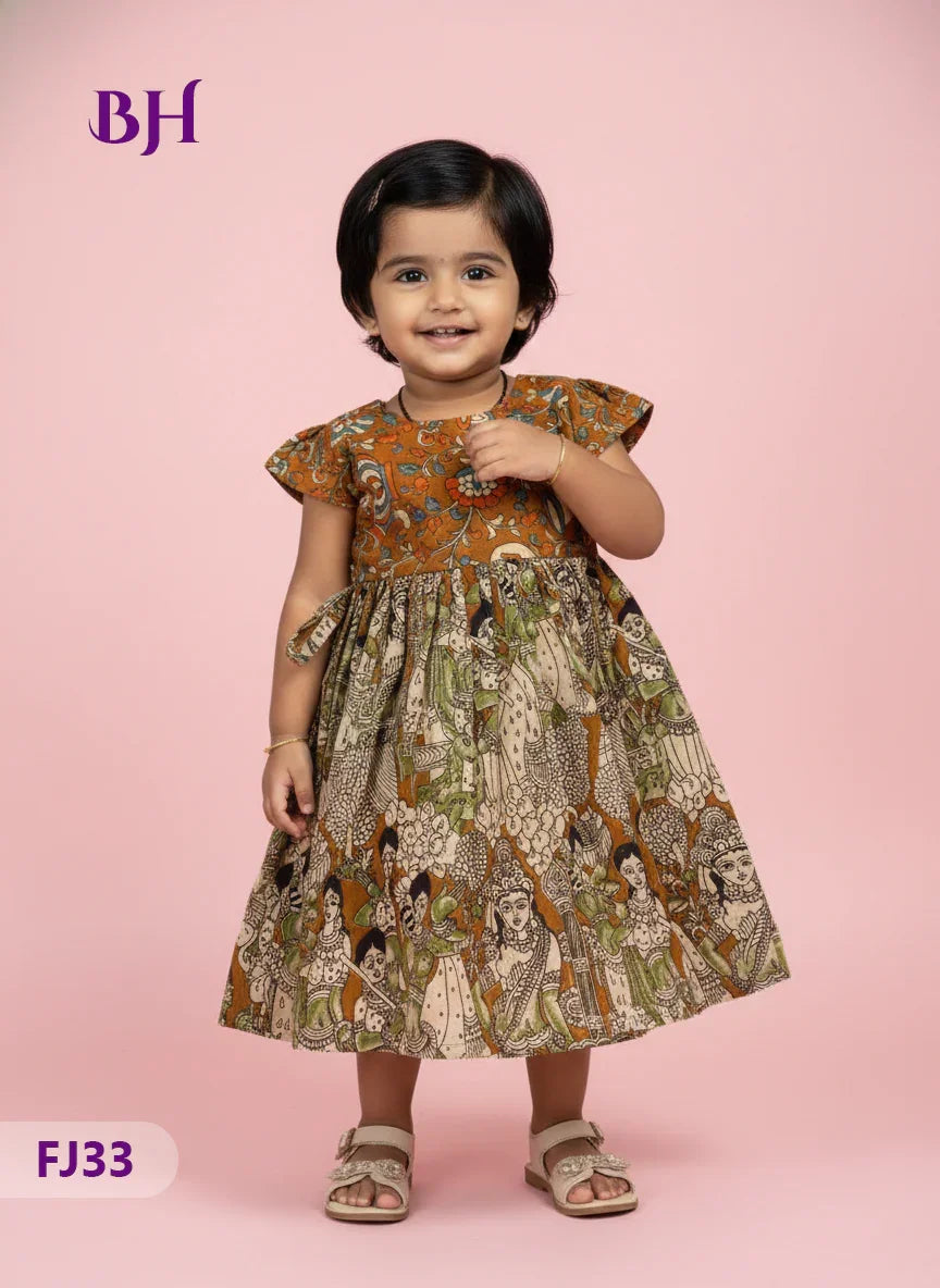 Brown Cotton Printed Baby Frocks – Latest Kids Wear Collection | Bhavana Handlooms