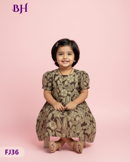 Dark Brown Cotton Printed Baby Frocks – Latest Kids Wear Collection | Bhavana Handlooms