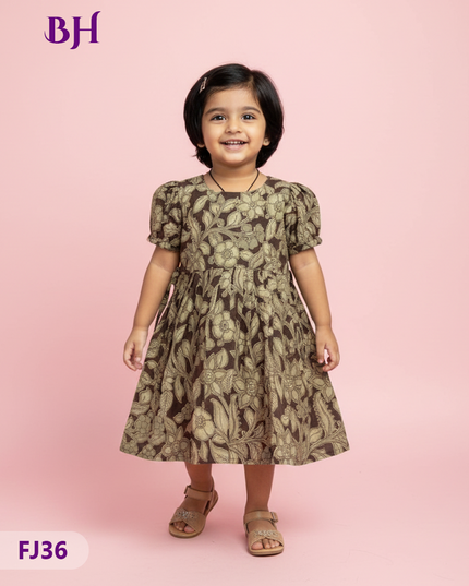Dark Brown Cotton Printed Baby Frocks – Latest Kids Wear Collection | Bhavana Handlooms