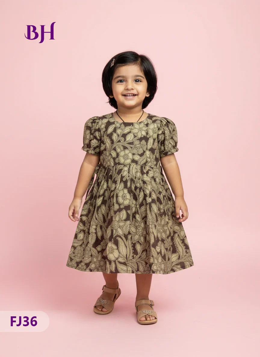 Dark Brown Cotton Printed Baby Frocks – Latest Kids Wear Collection | Bhavana Handlooms