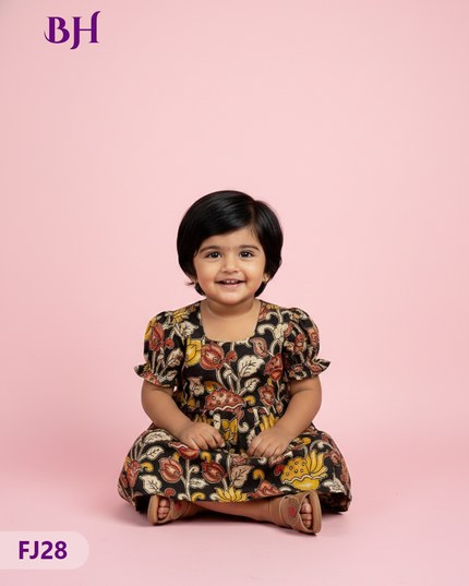 Black Cotton Printed Baby Frocks – Latest Kids Wear Collection | Bhavana Handlooms