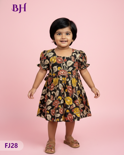 Black Cotton Printed Baby Frocks – Latest Kids Wear Collection | Bhavana Handlooms