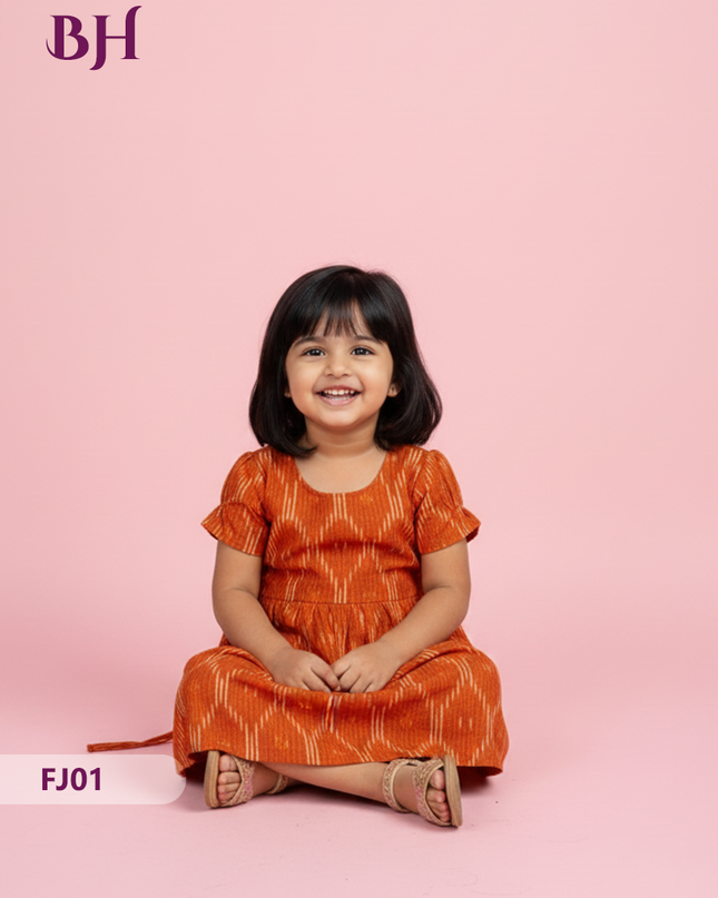 Brick Color Cotton Printed Baby Frocks – Latest Kids Wear Collection | Bhavana Handlooms