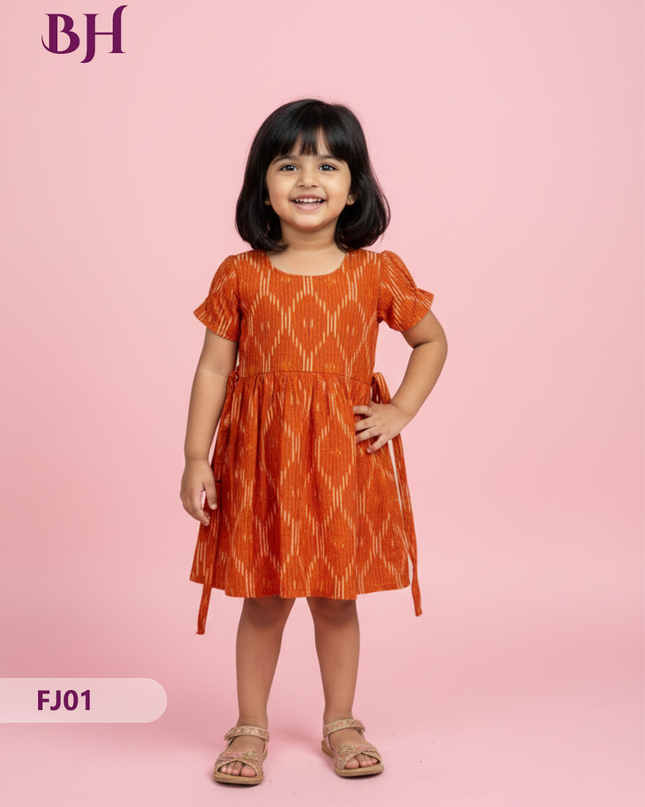 Brick Color Cotton Printed Baby Frocks – Latest Kids Wear Collection | Bhavana Handlooms