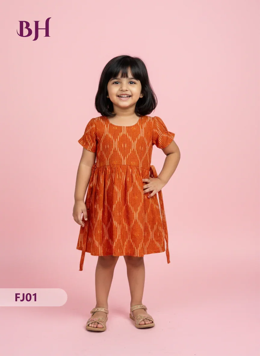 Brick Color Cotton Printed Baby Frocks – Latest Kids Wear Collection | Bhavana Handlooms