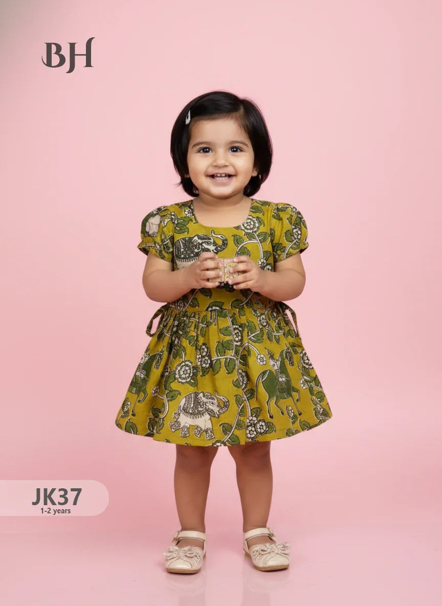 Yellow Cotton Printed Baby Frocks – Latest Kids Wear Collection | Bhavana Handlooms