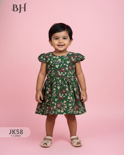 Drak Green Cotton Printed Baby Frocks – Latest Kids Wear Collection | Bhavana Handlooms