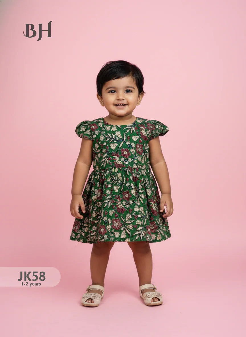 Drak Green Cotton Printed Baby Frocks – Latest Kids Wear Collection | Bhavana Handlooms
