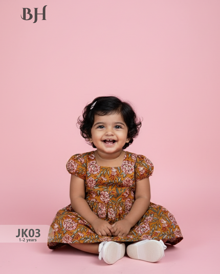 Mustard Cotton Printed Baby Frocks – Latest Kids Wear Collection | Bhavana Handlooms