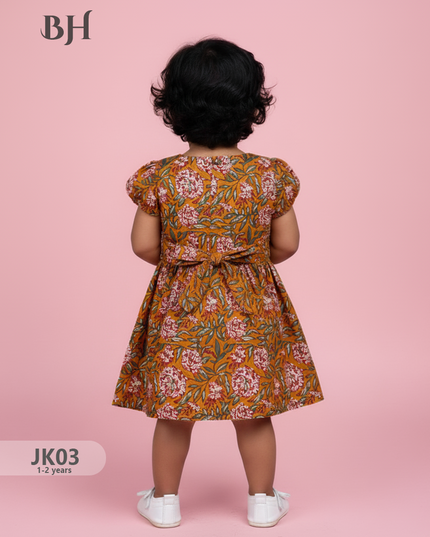 Mustard Cotton Printed Baby Frocks – Latest Kids Wear Collection | Bhavana Handlooms