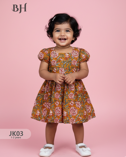 Mustard Cotton Printed Baby Frocks – Latest Kids Wear Collection | Bhavana Handlooms