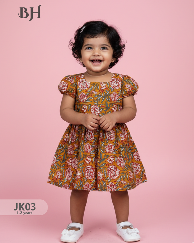 Mustard Cotton Printed Baby Frocks – Latest Kids Wear Collection | Bhavana Handlooms