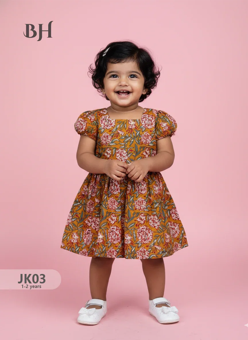 Mustard Cotton Printed Baby Frocks – Latest Kids Wear Collection | Bhavana Handlooms
