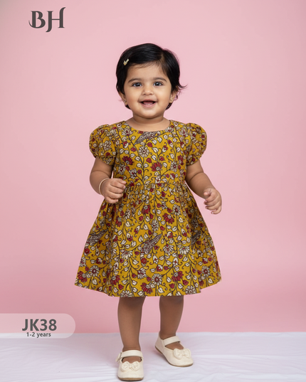 Yellow Cotton Printed Baby Frocks – Latest Kids Wear Collection | Bhavana Handlooms