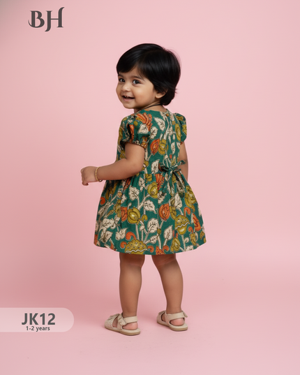 Green Cotton Printed Baby Frocks – Latest Kids Wear Collection | Bhavana Handlooms