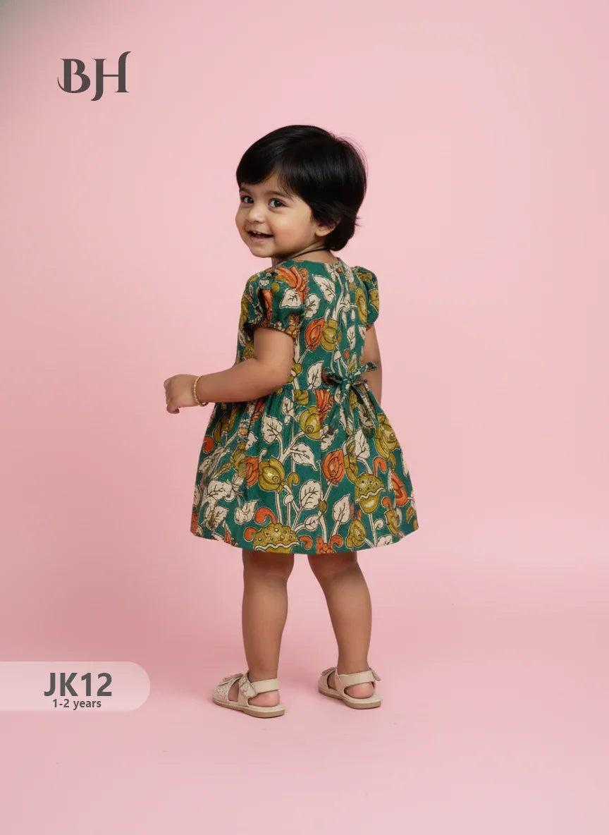 Green Cotton Printed Baby Frocks – Latest Kids Wear Collection | Bhavana Handlooms