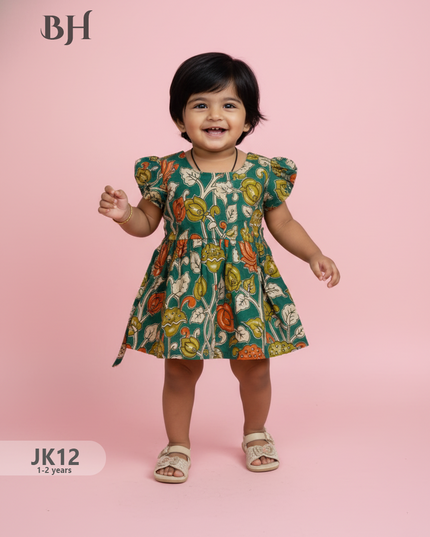 Green Cotton Printed Baby Frocks – Latest Kids Wear Collection | Bhavana Handlooms