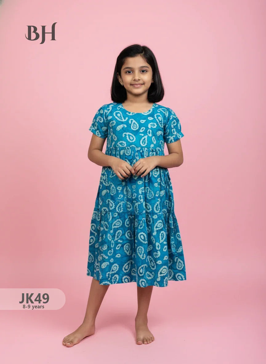 SkyBlue Cotton Printed Baby Frocks – Latest Kids Wear Collection | Bhavana Handlooms