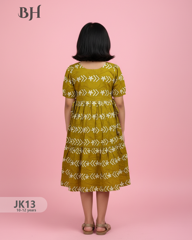 Gold Yellow Cotton Printed Baby Frocks – Latest Kids Wear Collection | Bhavana Handlooms