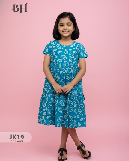SkyBlue Cotton Printed Baby Frocks – Latest Kids Wear Collection | Bhavana Handlooms