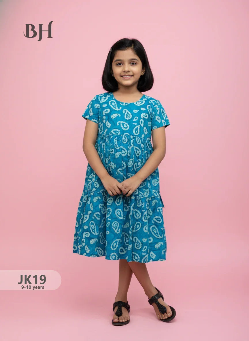 SkyBlue Cotton Printed Baby Frocks – Latest Kids Wear Collection | Bhavana Handlooms