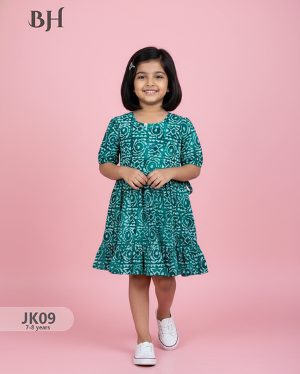Sea Green Cotton Printed Baby Frocks – Latest Kids Wear Collection | Bhavana Handlooms