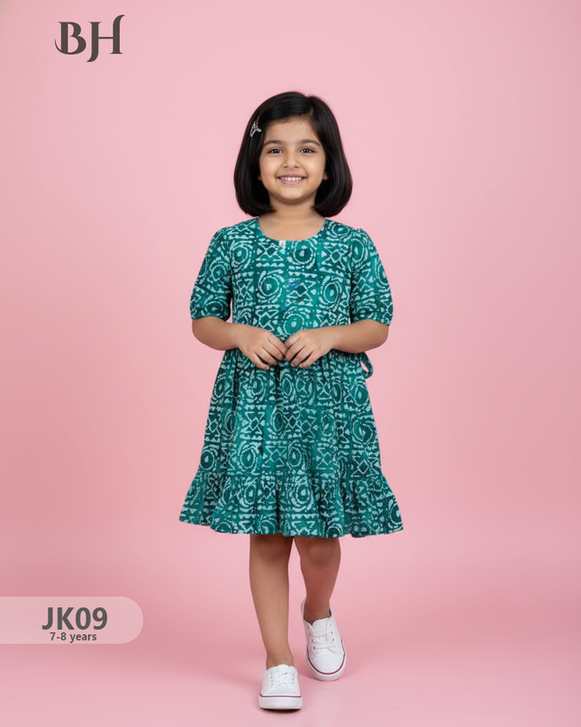 Sea Green Cotton Printed Baby Frocks – Latest Kids Wear Collection | Bhavana Handlooms