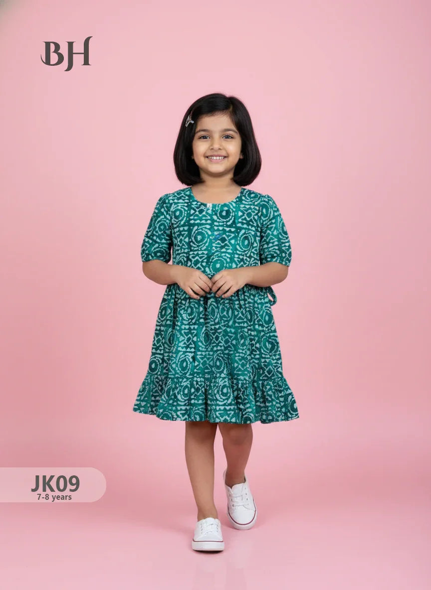 Sea Green Cotton Printed Baby Frocks – Latest Kids Wear Collection | Bhavana Handlooms