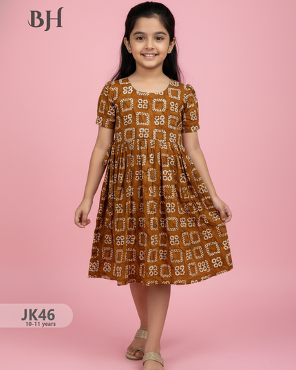 Brown Cotton Printed Baby Frocks – Latest Kids Wear Collection | Bhavana Handlooms