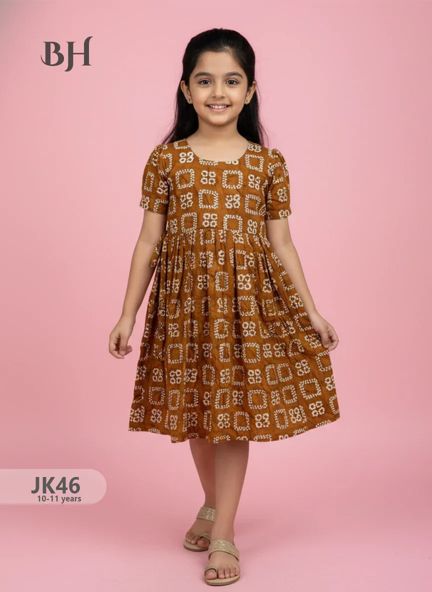 Brown Cotton Printed Baby Frocks – Latest Kids Wear Collection | Bhavana Handlooms