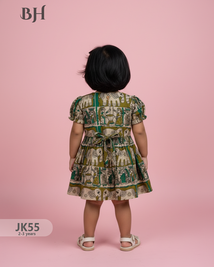 Mehendi Green Cotton Printed Baby Frocks – Latest Kids Wear Collection | Bhavana Handlooms