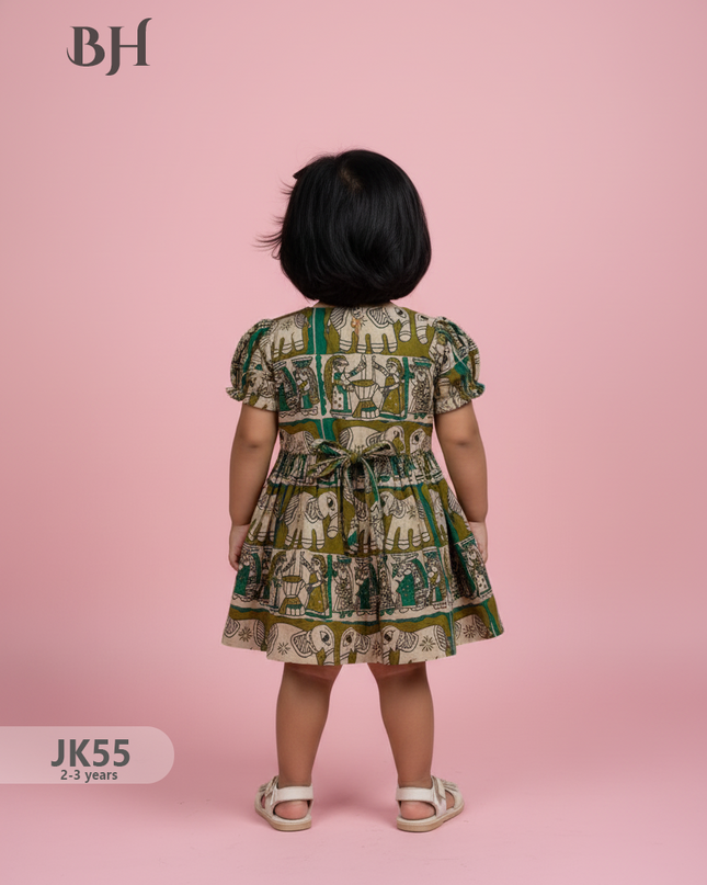 Mehendi Green Cotton Printed Baby Frocks – Latest Kids Wear Collection | Bhavana Handlooms