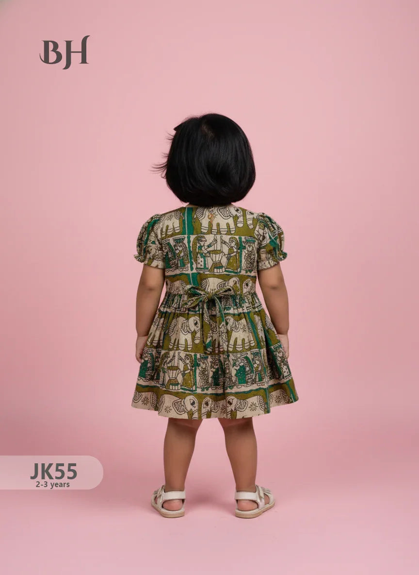 Mehendi Green Cotton Printed Baby Frocks – Latest Kids Wear Collection | Bhavana Handlooms
