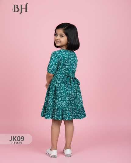 Sea Green Cotton Printed Baby Frocks – Latest Kids Wear Collection | Bhavana Handlooms