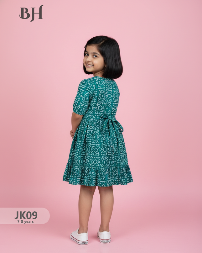 Sea Green Cotton Printed Baby Frocks – Latest Kids Wear Collection | Bhavana Handlooms