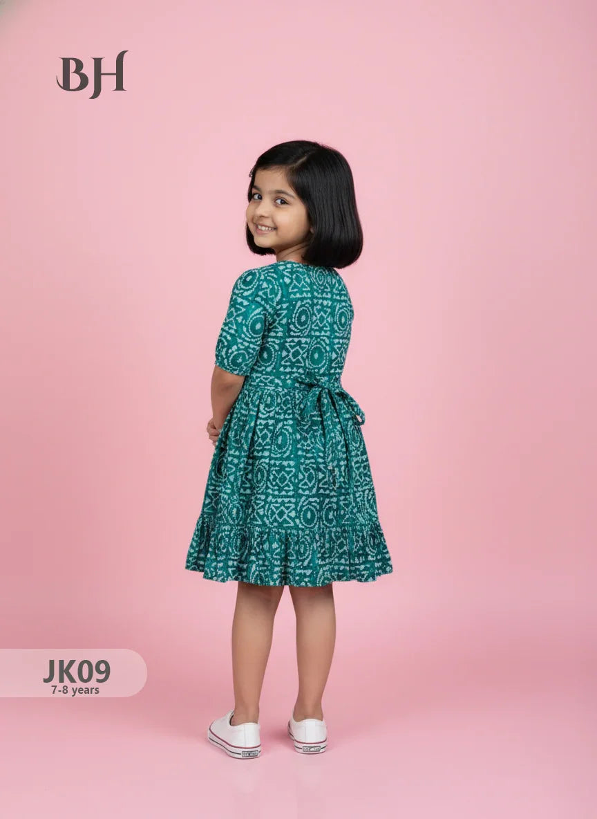 Sea Green Cotton Printed Baby Frocks – Latest Kids Wear Collection | Bhavana Handlooms