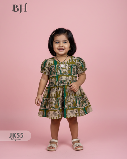 Mehendi Green Cotton Printed Baby Frocks – Latest Kids Wear Collection | Bhavana Handlooms