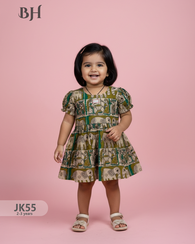 Mehendi Green Cotton Printed Baby Frocks – Latest Kids Wear Collection | Bhavana Handlooms