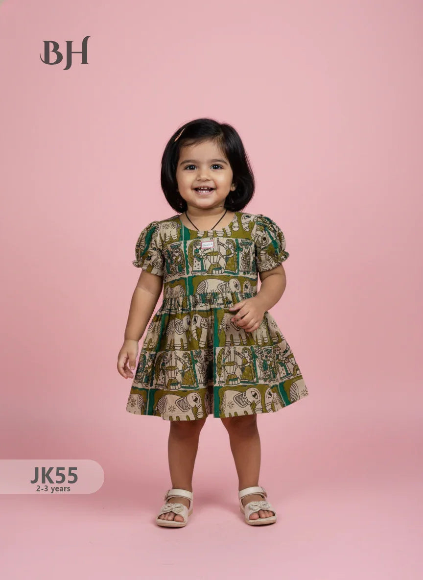 Mehendi Green Cotton Printed Baby Frocks – Latest Kids Wear Collection | Bhavana Handlooms