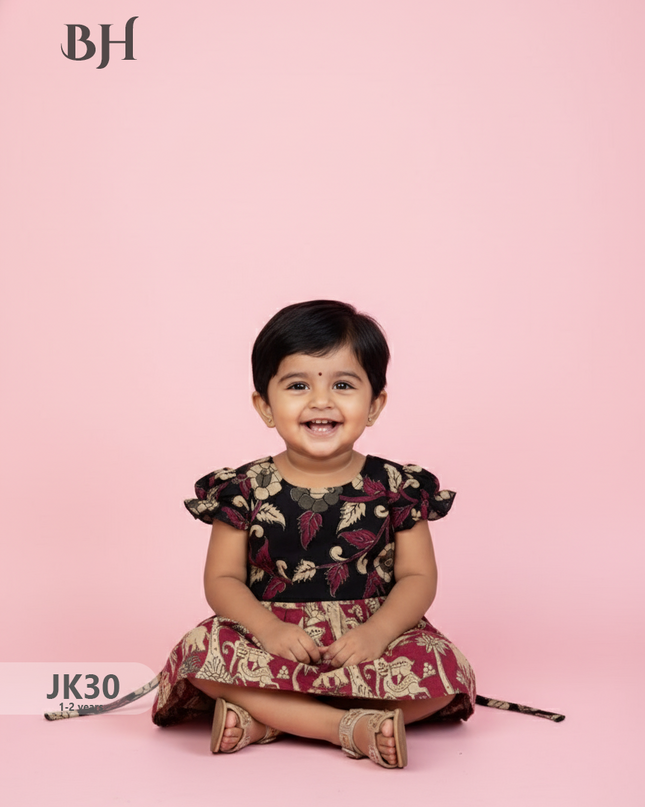 Black and Red Cotton Printed Baby Frocks – Latest Kids Wear Collection | Bhavana Handlooms