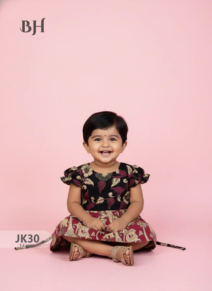 Black and Red Cotton Printed Baby Frocks – Latest Kids Wear Collection | Bhavana Handlooms