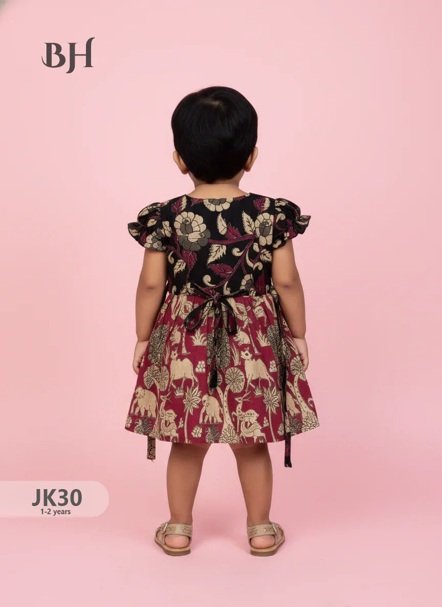Black and Red Cotton Printed Baby Frocks – Latest Kids Wear Collection | Bhavana Handlooms