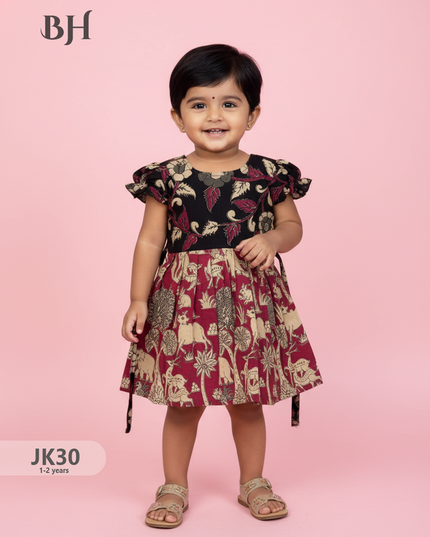 Black and Red Cotton Printed Baby Frocks – Latest Kids Wear Collection | Bhavana Handlooms