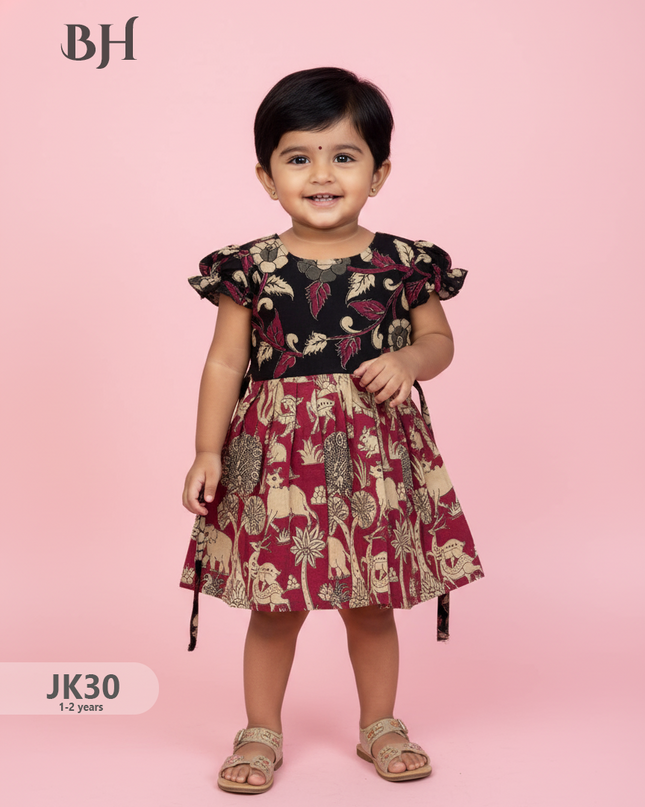 Black and Red Cotton Printed Baby Frocks – Latest Kids Wear Collection | Bhavana Handlooms