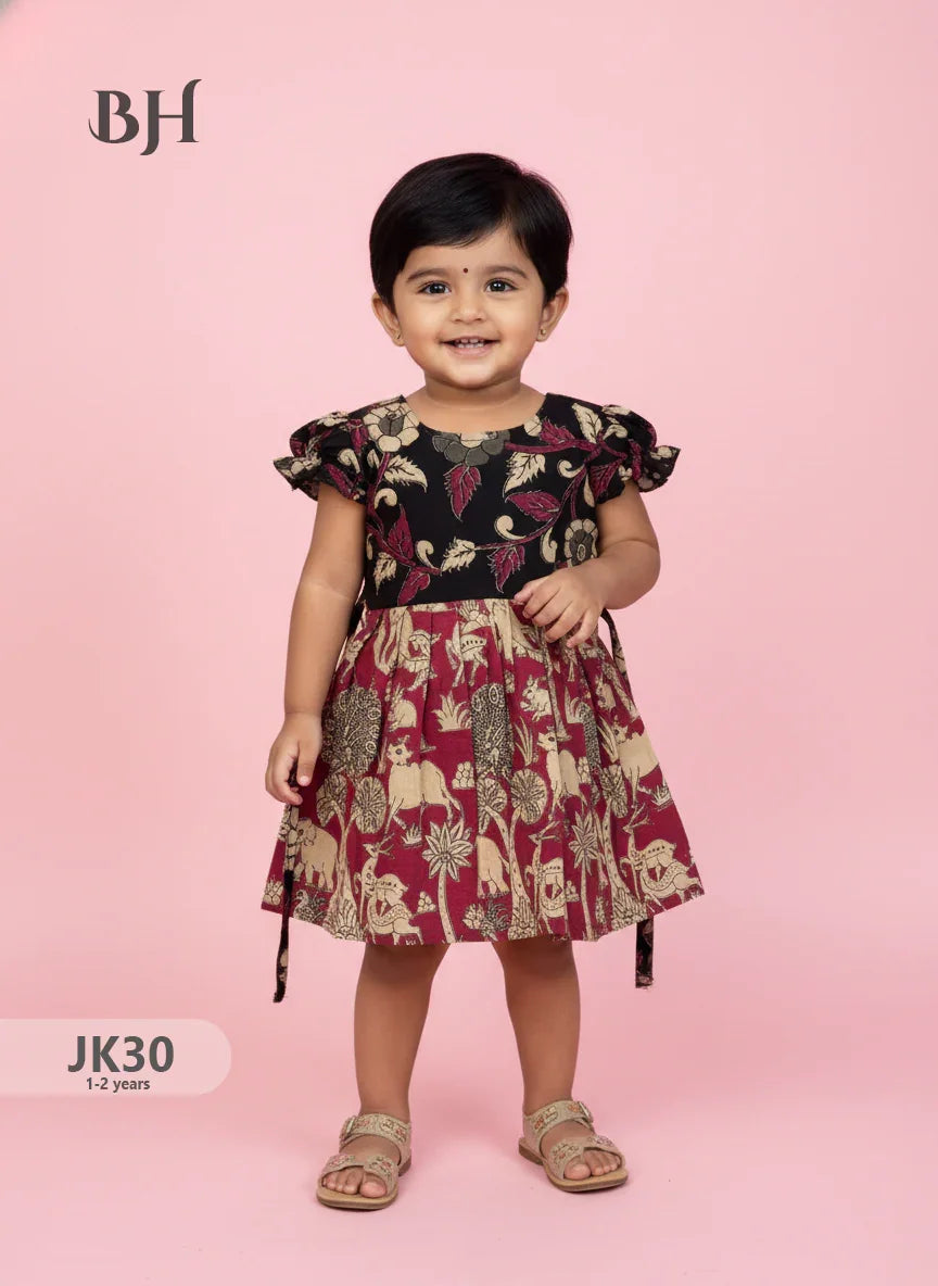 Black and Red Cotton Printed Baby Frocks – Latest Kids Wear Collection | Bhavana Handlooms